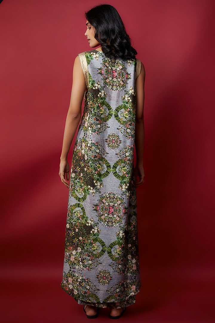Paisley Blue Raw Silk Botanical Printed & Gota Work Tunic Set by Rocky Star at Pernia's Pop Up Shop