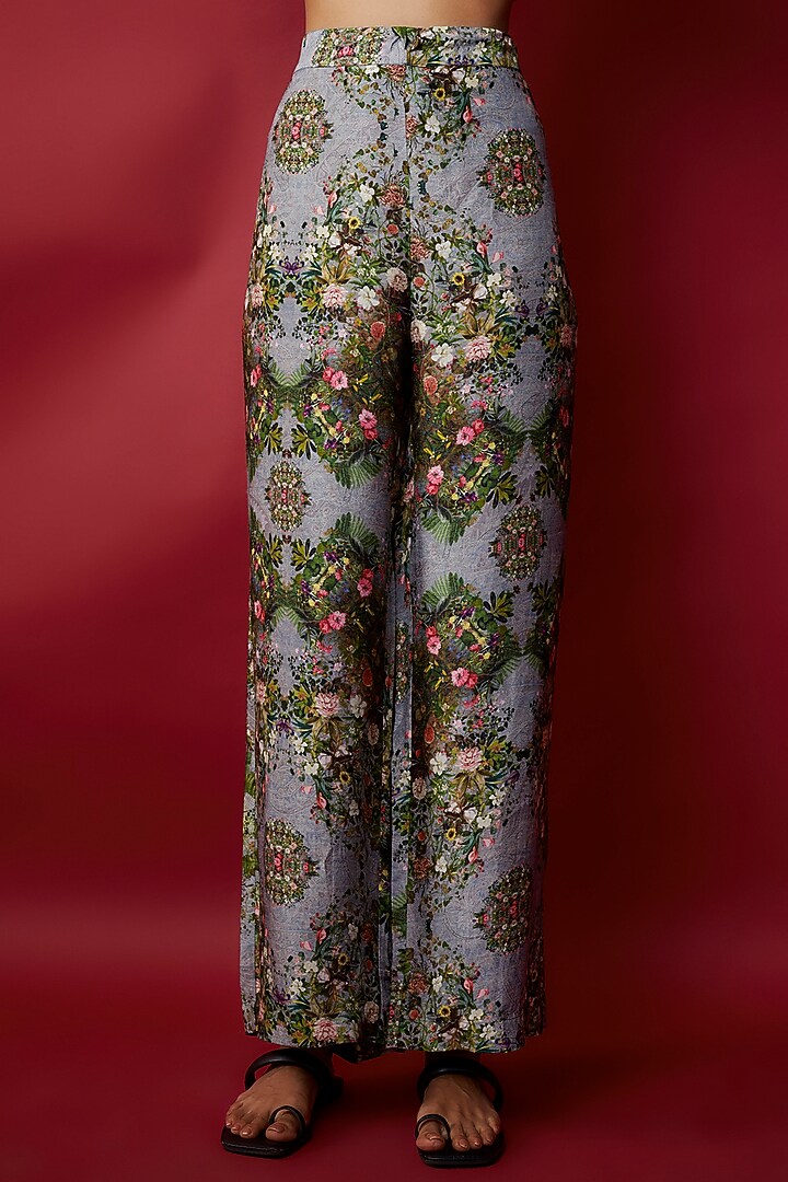 Paisley Blue Raw Silk Botanical Printed & Gota Work Tunic Set by Rocky Star at Pernia's Pop Up Shop