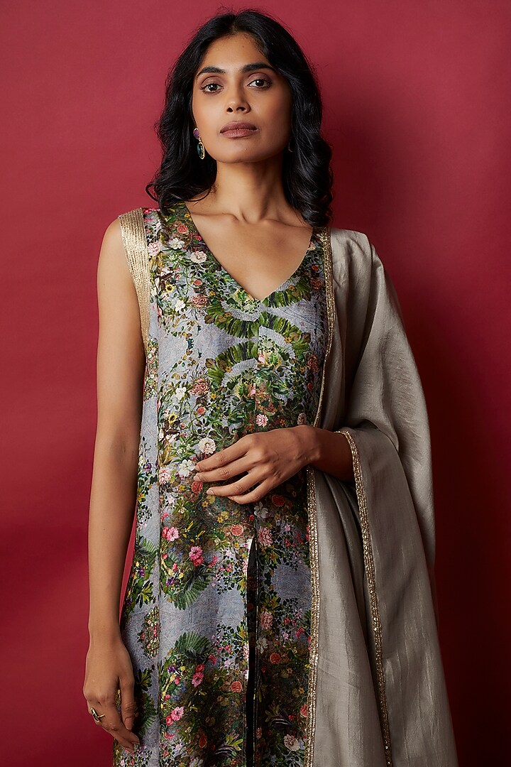 Paisley Blue Raw Silk Botanical Printed & Gota Work Tunic Set by Rocky Star at Pernia's Pop Up Shop