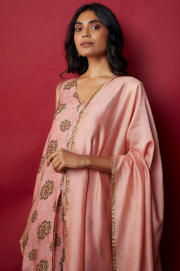 Pink Raw Silk Botanical Printed & Gota Work Tunic Set by Rocky Star at Pernia's Pop Up Shop