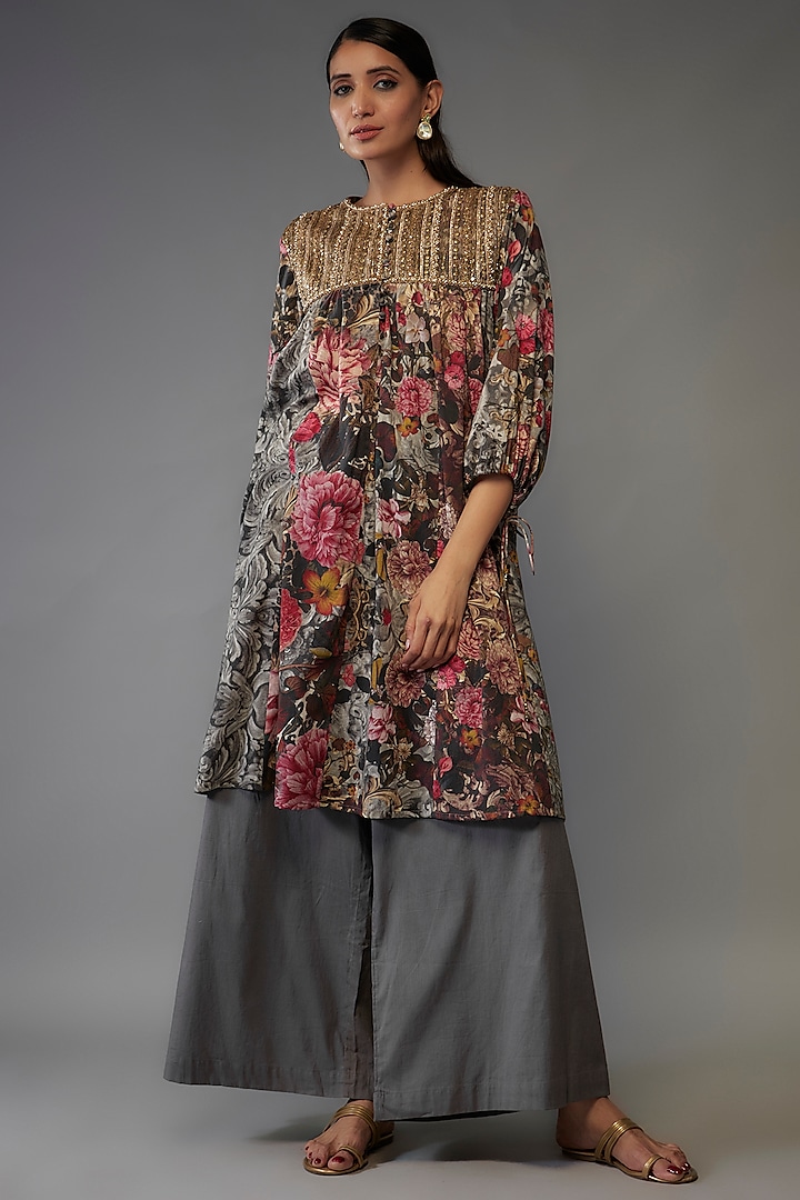 Multi-Colored Mulmul Floral Printed Tunic Set by Rocky Star at Pernia's Pop Up Shop