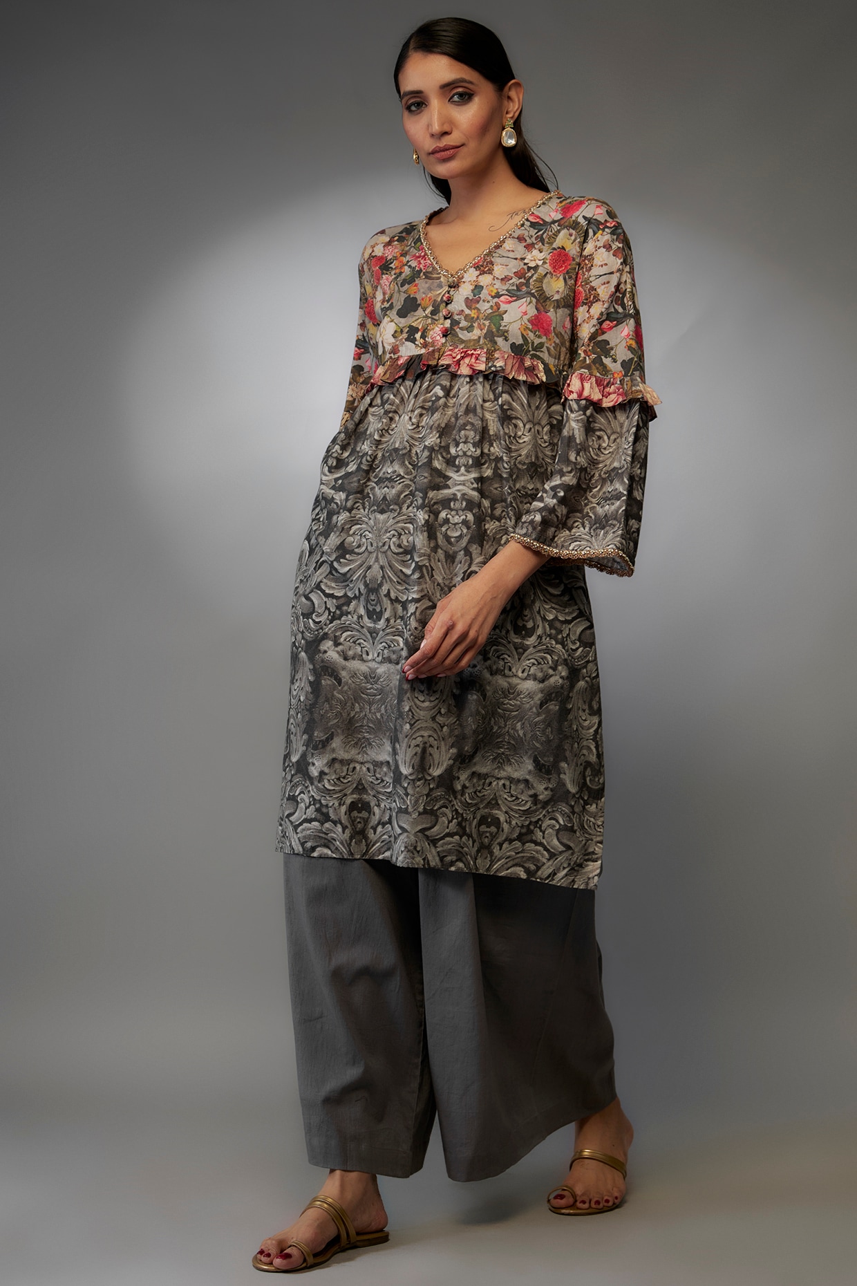 Multi-Colored Mulmul Floral Printed Tunic Set by Rocky Star at Pernia's ...