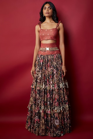 Multi-Colored Mulmul Botanical Printed Lehenga Set by Rocky Star