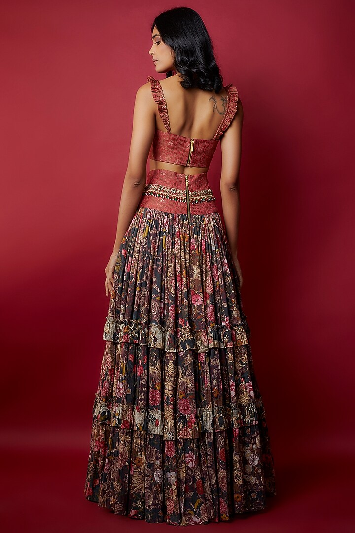 Multi-Colored Mulmul Botanical Printed Wedding Lehenga Set by Rocky Star at Pernia's Pop Up Shop