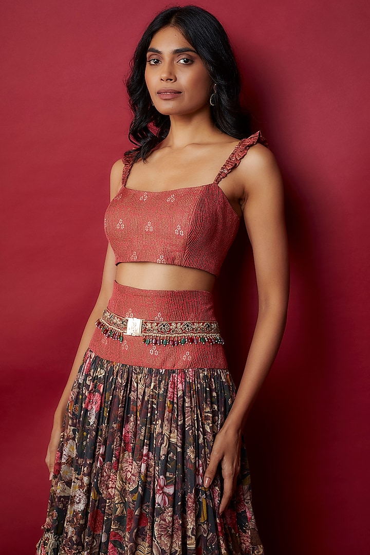 Multi-Colored Mulmul Botanical Printed Wedding Lehenga Set by Rocky Star at Pernia's Pop Up Shop