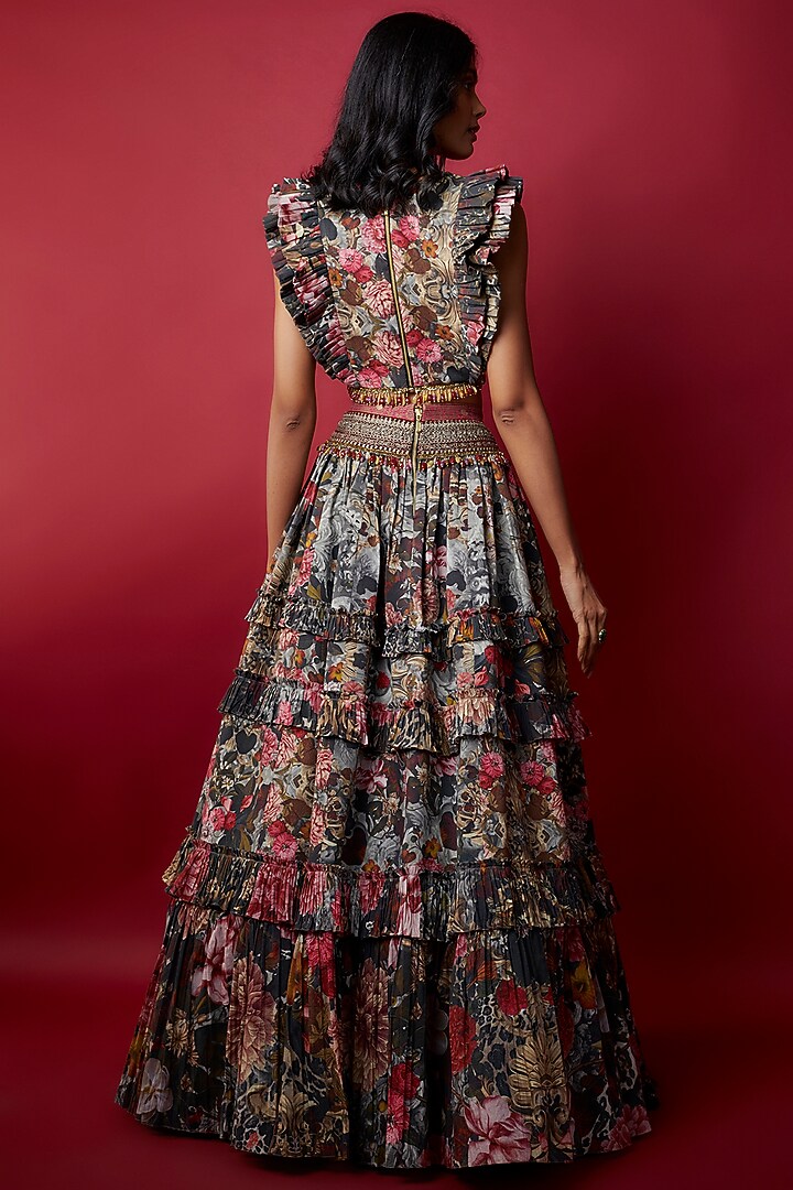 Grey Mulmul Botanical Printed Wedding Lehenga Set by Rocky Star at Pernia's Pop Up Shop