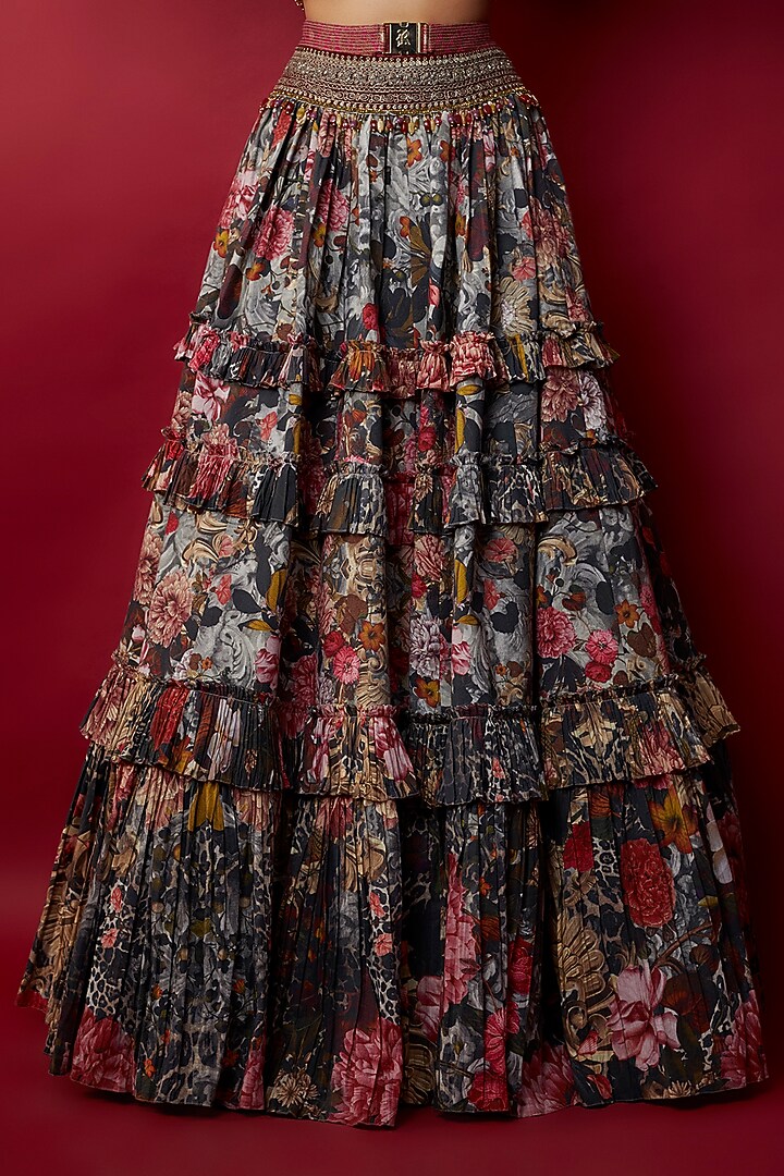 Grey Mulmul Botanical Printed Wedding Lehenga Set by Rocky Star at Pernia's Pop Up Shop