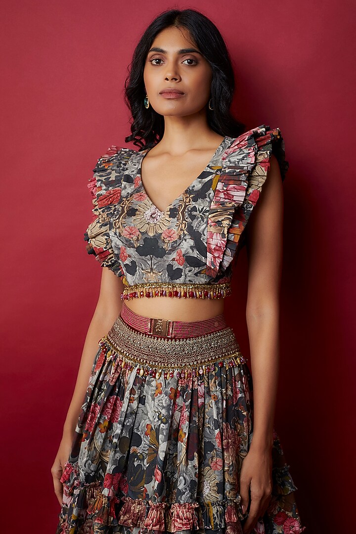 Grey Mulmul Botanical Printed Wedding Lehenga Set by Rocky Star at Pernia's Pop Up Shop