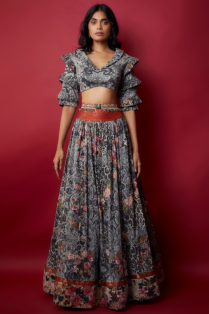 Grey Mulmul Botanical Printed Wedding Lehenga Set by Rocky Star at Pernia's Pop Up Shop