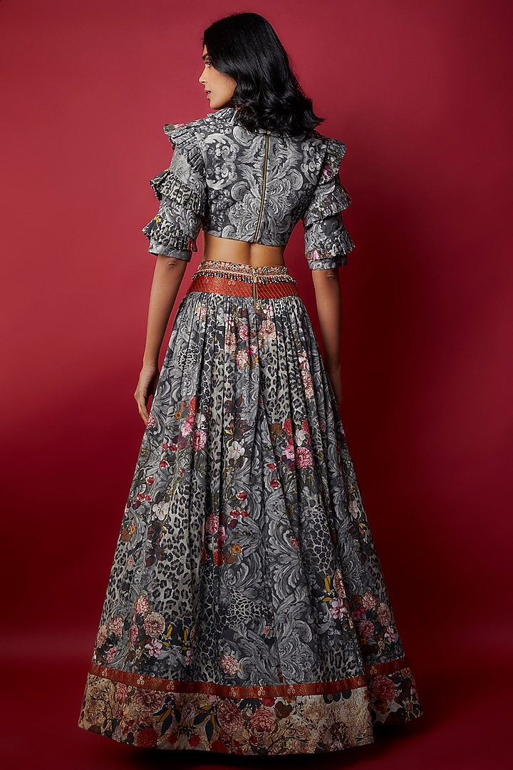 Grey Mulmul Botanical Printed Wedding Lehenga Set by Rocky Star at Pernia's Pop Up Shop