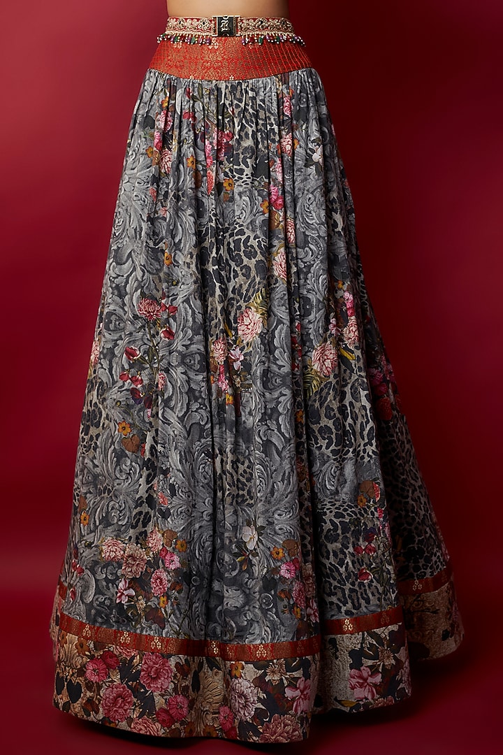 Grey Mulmul Botanical Printed Wedding Lehenga Set by Rocky Star at Pernia's Pop Up Shop