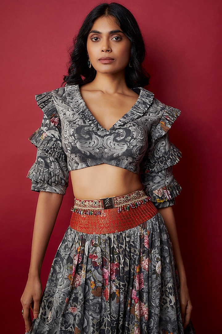 Grey Mulmul Botanical Printed Wedding Lehenga Set by Rocky Star at Pernia's Pop Up Shop