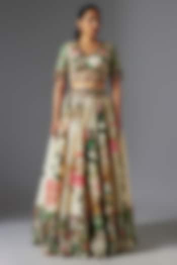 Ivory Raw Silk Patchwork & Botanical Printed Skirt Set by Rocky Star