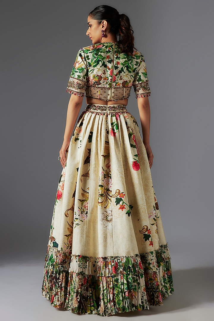 Ivory Raw Silk Patchwork & Botanical Printed Skirt Set by Rocky Star at Pernia's Pop Up Shop