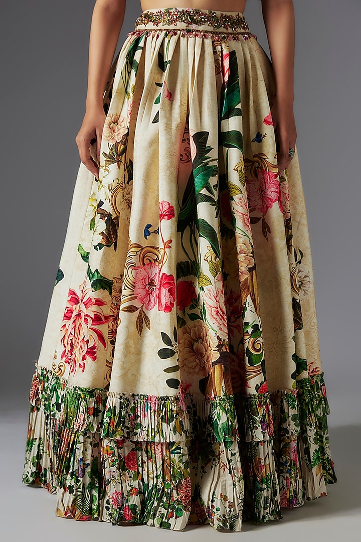 Ivory Raw Silk Patchwork & Botanical Printed Skirt Set by Rocky Star at Pernia's Pop Up Shop
