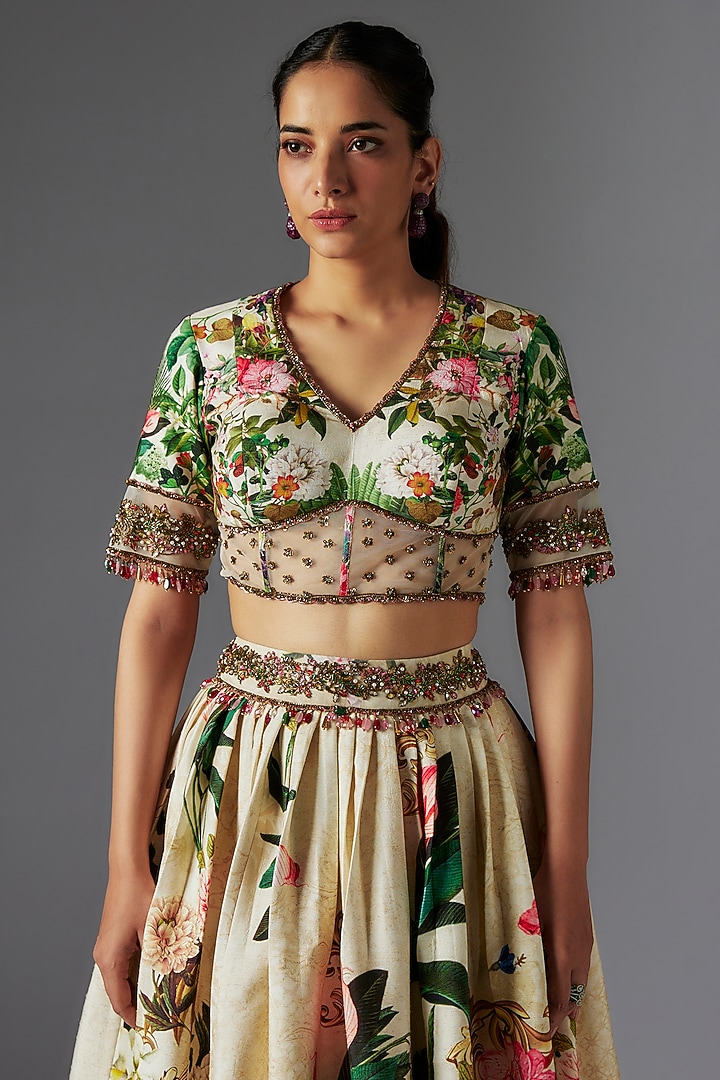 Ivory Raw Silk Patchwork & Botanical Printed Skirt Set by Rocky Star at Pernia's Pop Up Shop