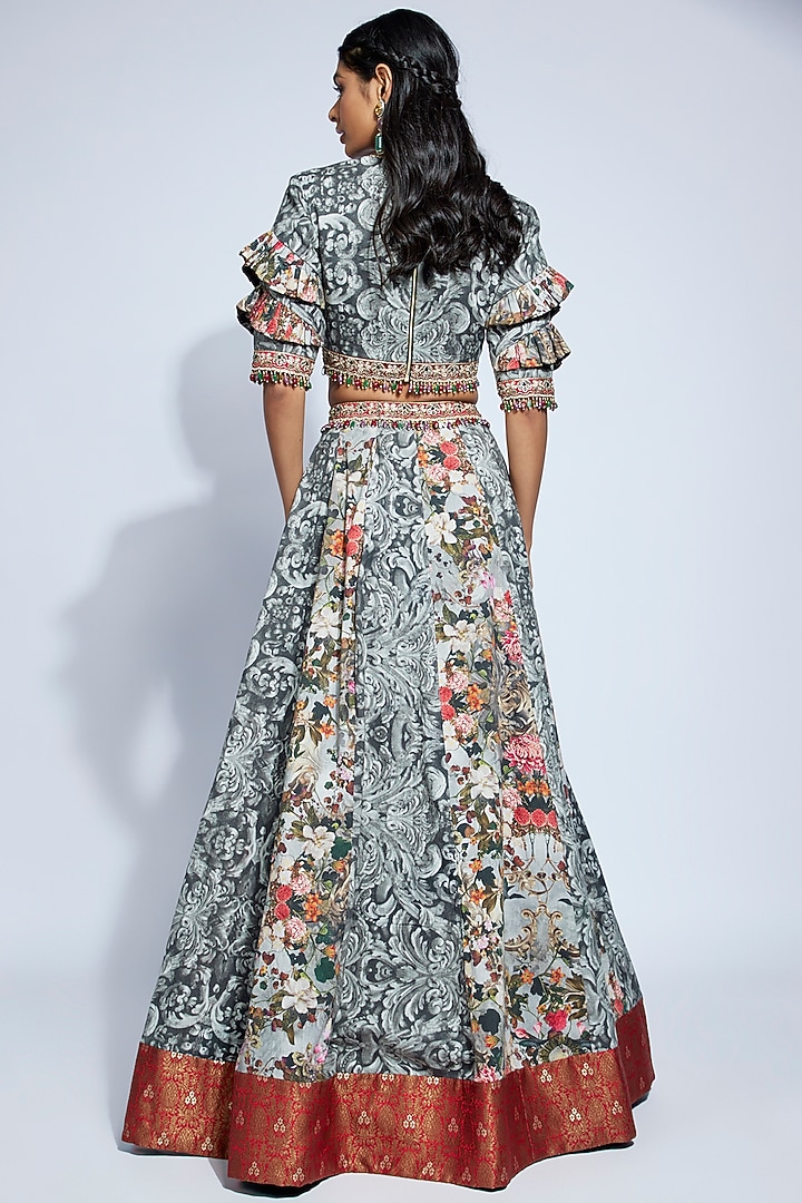 Grey Mulmul Printed Wedding Lehenga Set by Rocky Star at Pernia's Pop Up Shop
