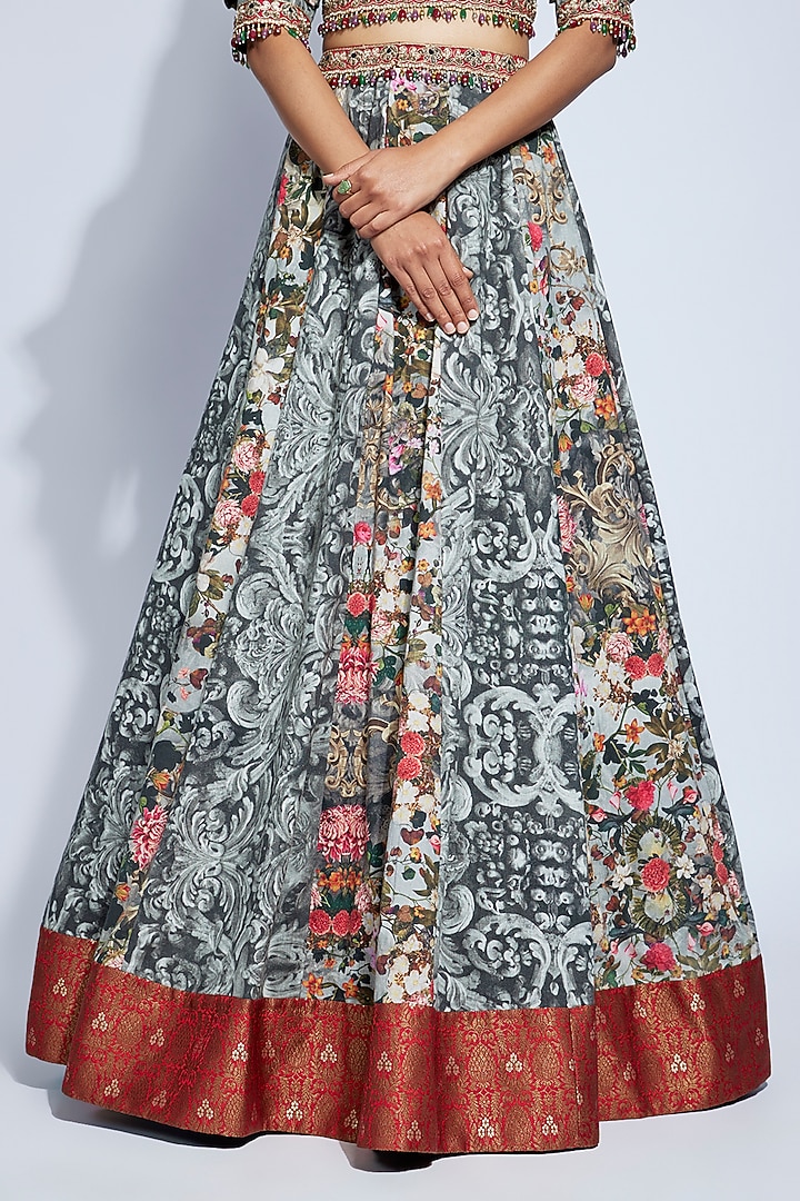 Grey Mulmul Printed Wedding Lehenga Set by Rocky Star at Pernia's Pop Up Shop