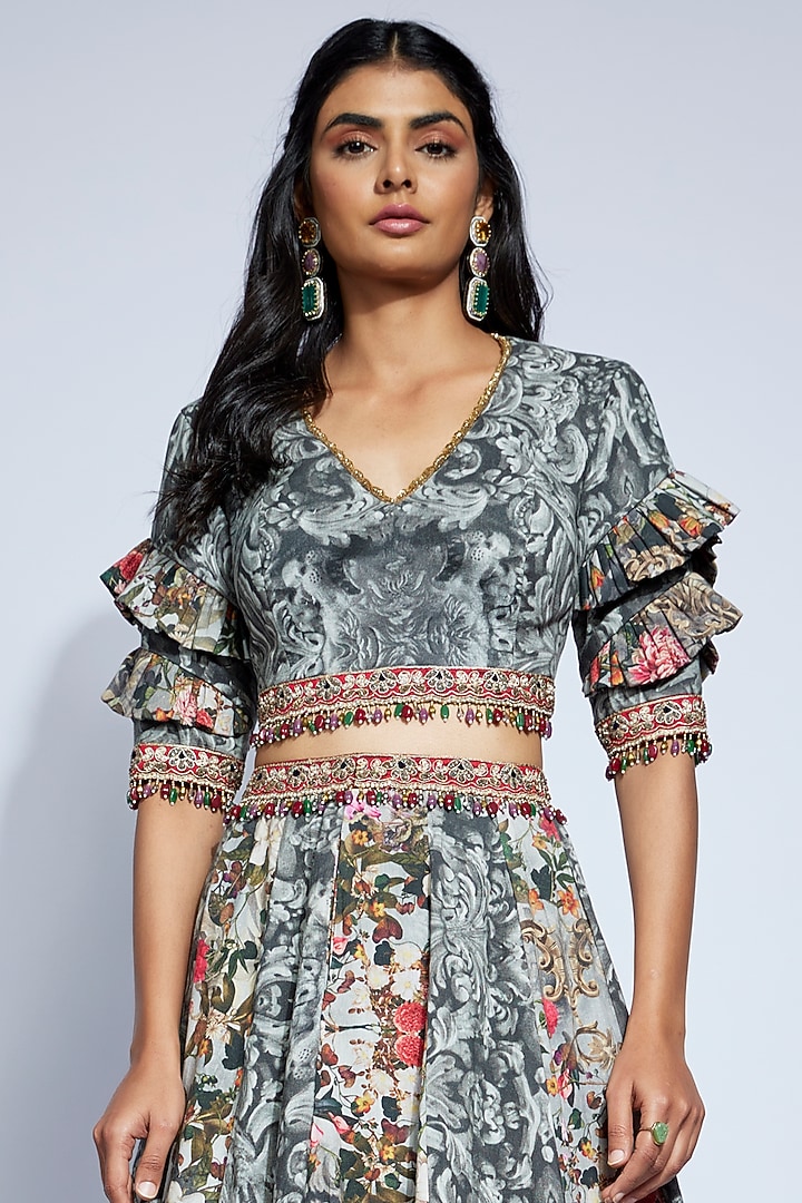 Grey Mulmul Printed Wedding Lehenga Set by Rocky Star at Pernia's Pop Up Shop