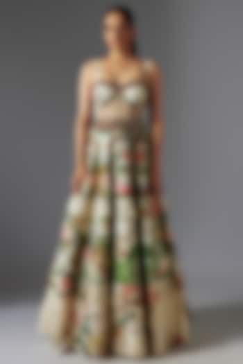 Ivory Raw Silk Patchwork & Botanical Printed Gown by Rocky Star