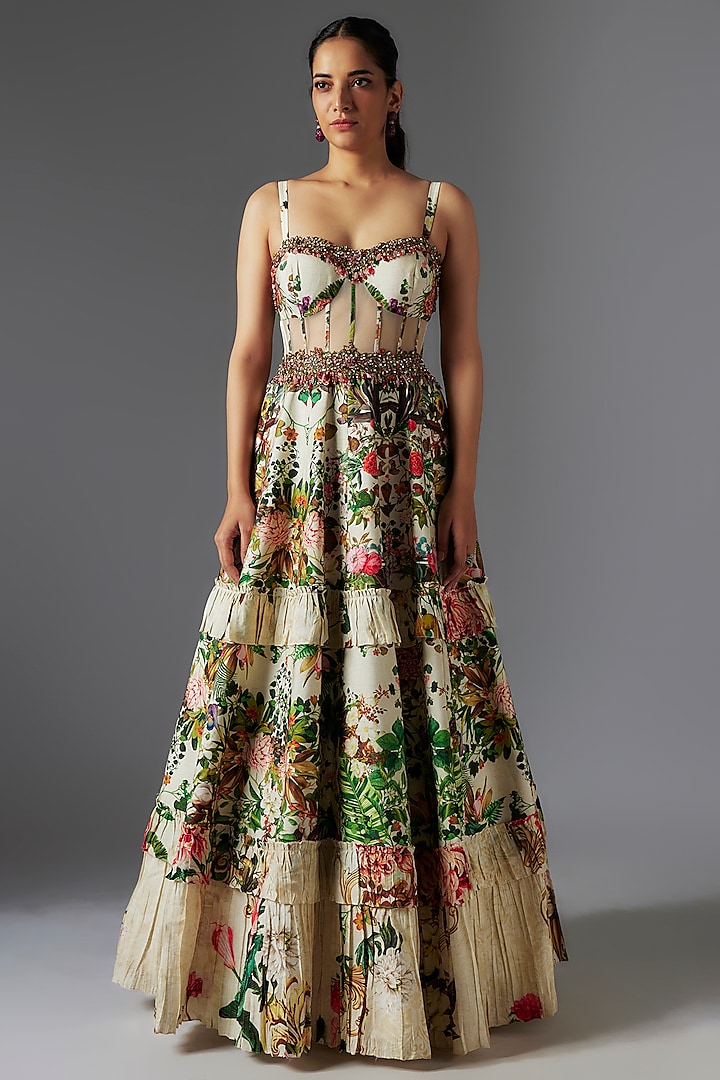 Ivory Raw Silk Patchwork & Botanical Printed Gown by Rocky Star