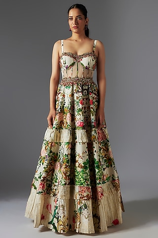 Ivory Raw Silk Patchwork & Botanical Printed Gown by Rocky Star