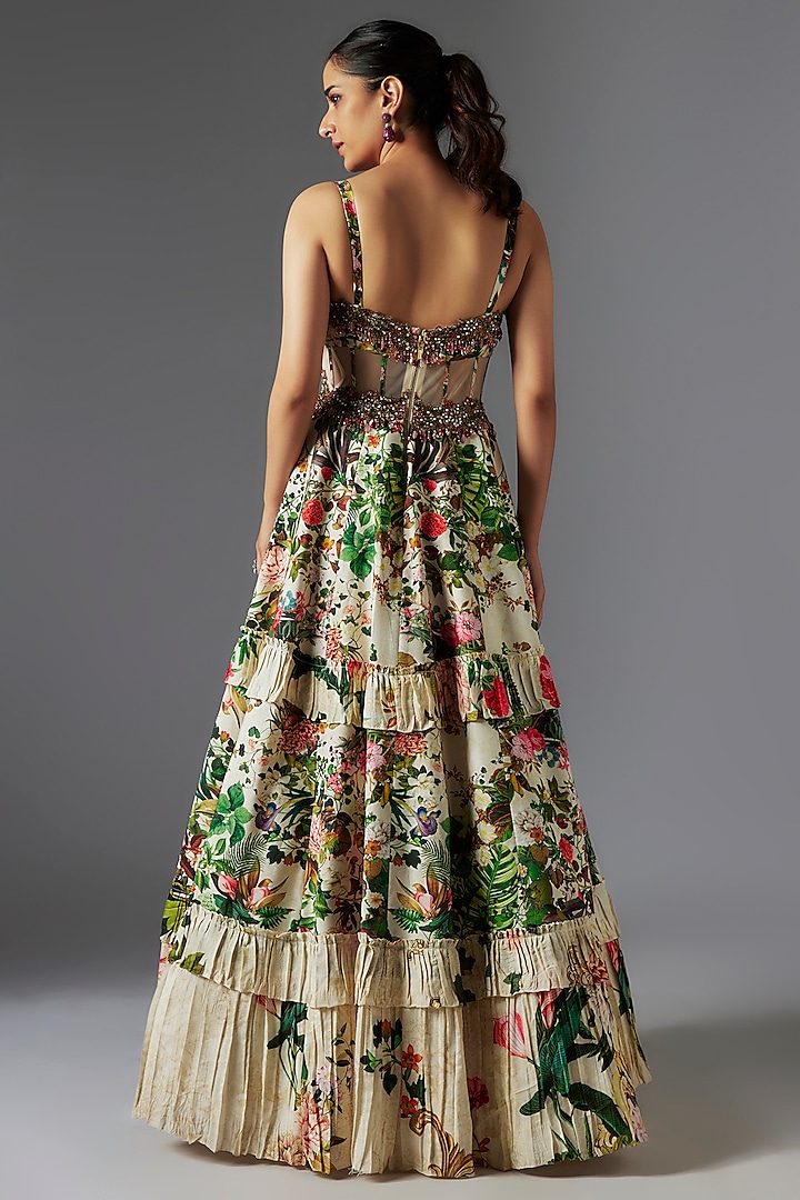 Ivory Raw Silk Patchwork & Botanical Printed Wedding Gown by Rocky Star at Pernia's Pop Up Shop