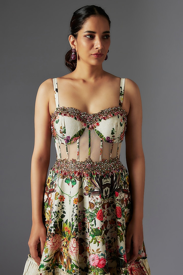Ivory Raw Silk Patchwork & Botanical Printed Wedding Gown by Rocky Star at Pernia's Pop Up Shop