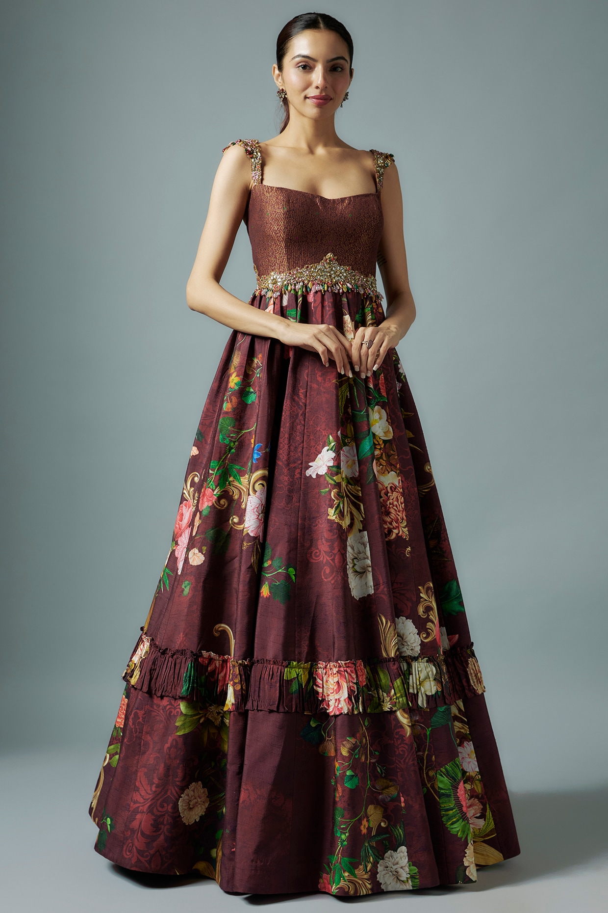 Maroon Raw Silk & Brocade Botanical Printed Gown by Rocky
