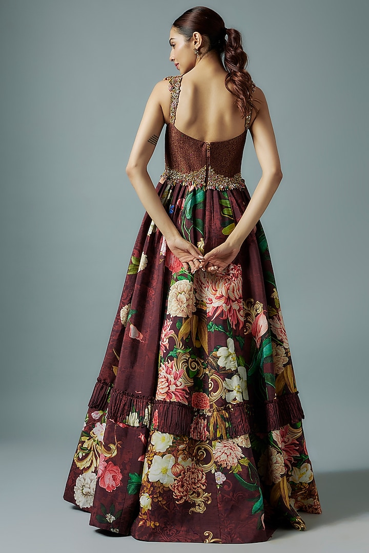 Pernia's Pop Up Shop - Rocky Star Women Maroon Raw Silk & Brocade Botanical Printed Gown Pernia's Pop Up Shop - Rocky Star Women Maroon Raw Silk & Brocade Botanical Printed Gown