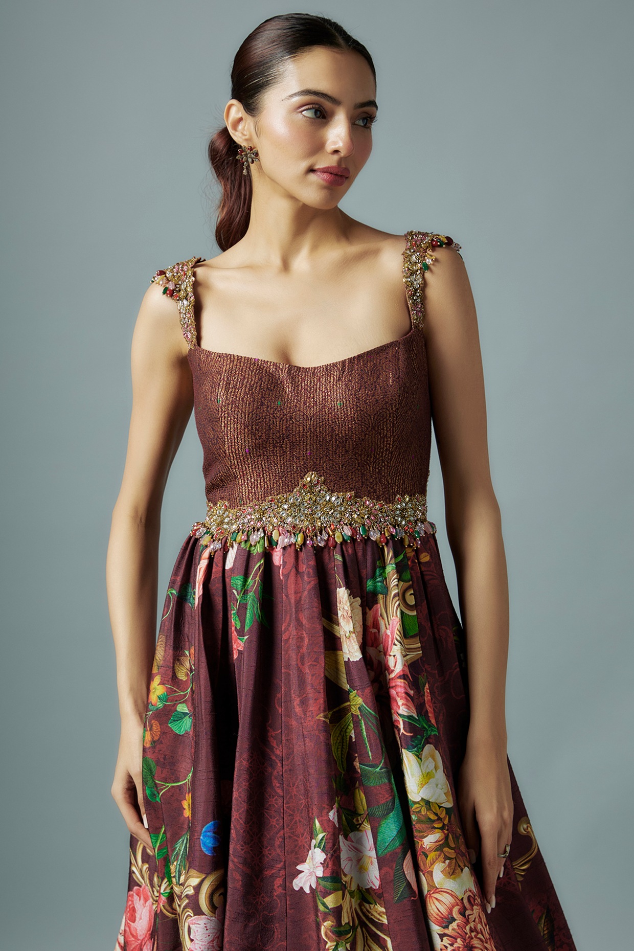 Maroon Raw Silk & Brocade Botanical Printed Gown by Rocky