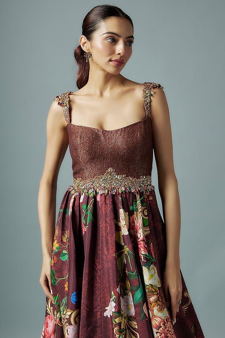 Maroon Raw Silk & Brocade Botanical Printed Wedding Gown by Rocky Star at Pernia's Pop Up Shop