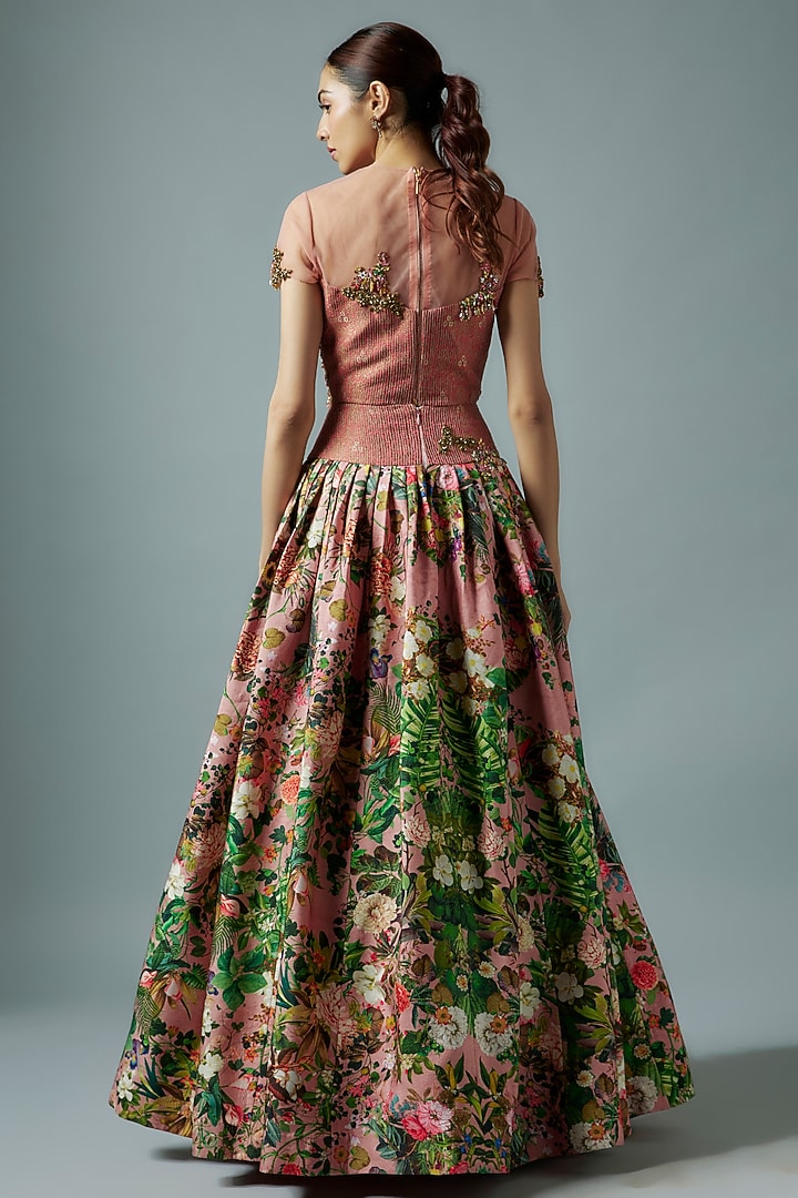 Pink Raw Silk Botanical Printed Wedding Lehenga Set by Rocky Star at Pernia's Pop Up Shop