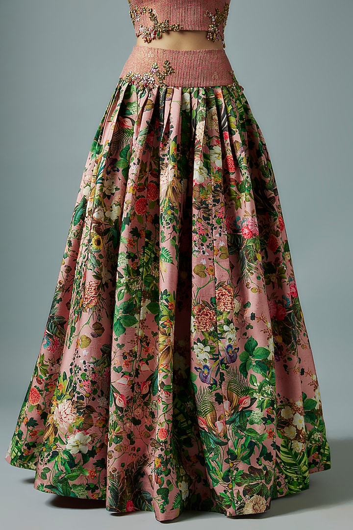 Pink Raw Silk Botanical Printed Wedding Lehenga Set by Rocky Star at Pernia's Pop Up Shop
