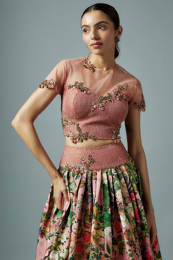 Pink Raw Silk Botanical Printed Wedding Lehenga Set by Rocky Star at Pernia's Pop Up Shop
