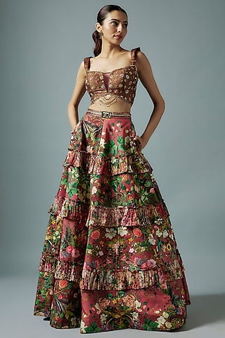 Maroon Raw Silk Botanical Printed Lehenga Set by Rocky Star