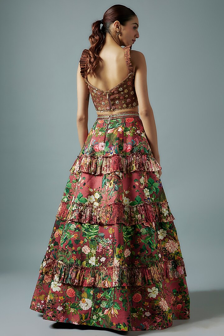 Maroon Raw Silk Botanical Printed Wedding Lehenga Set by Rocky Star at Pernia's Pop Up Shop