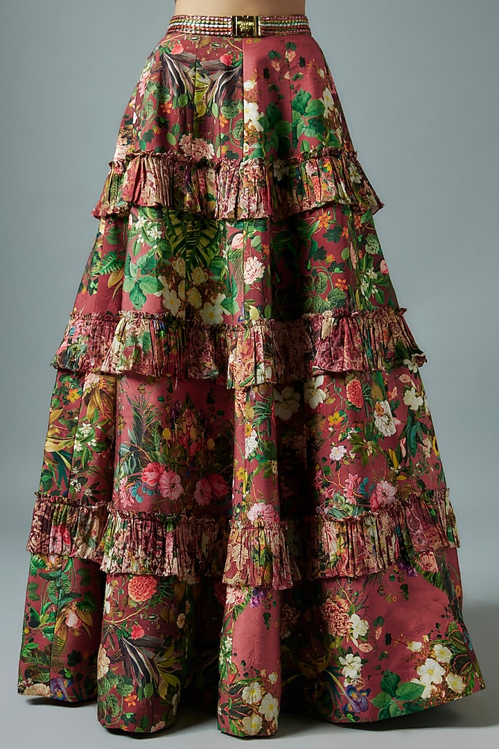 Maroon Raw Silk Botanical Printed Wedding Lehenga Set by Rocky Star at Pernia's Pop Up Shop