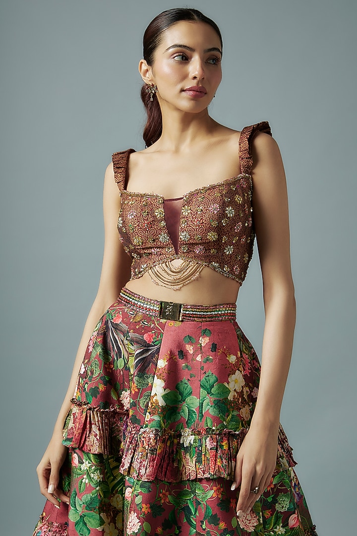 Maroon Raw Silk Botanical Printed Wedding Lehenga Set by Rocky Star at Pernia's Pop Up Shop