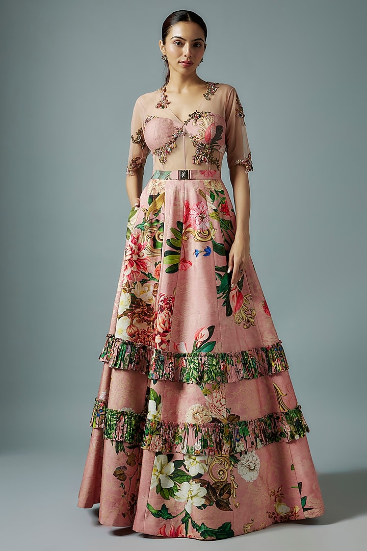 Pink Raw Silk & Net Botanical Printed Gown by Rocky Star
