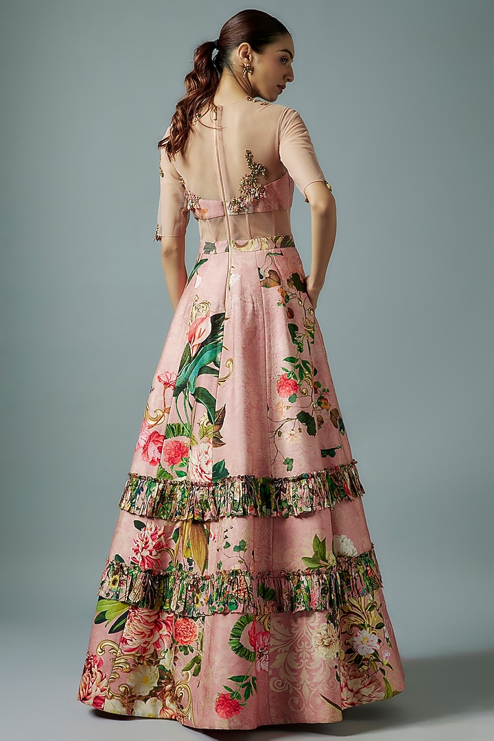 Pink Raw Silk & Net Botanical Printed Wedding Gown by Rocky Star at Pernia's Pop Up Shop