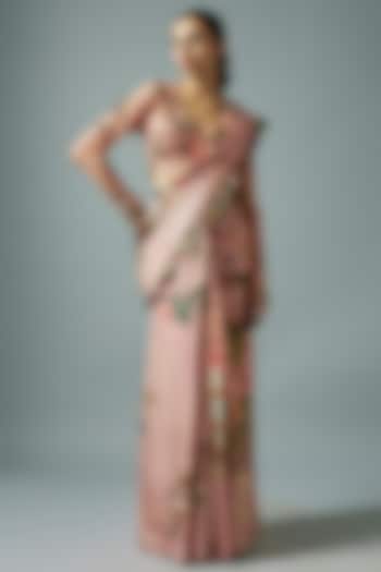 Pink Raw Silk & Net Botanical Printed Saree Set by Rocky Star