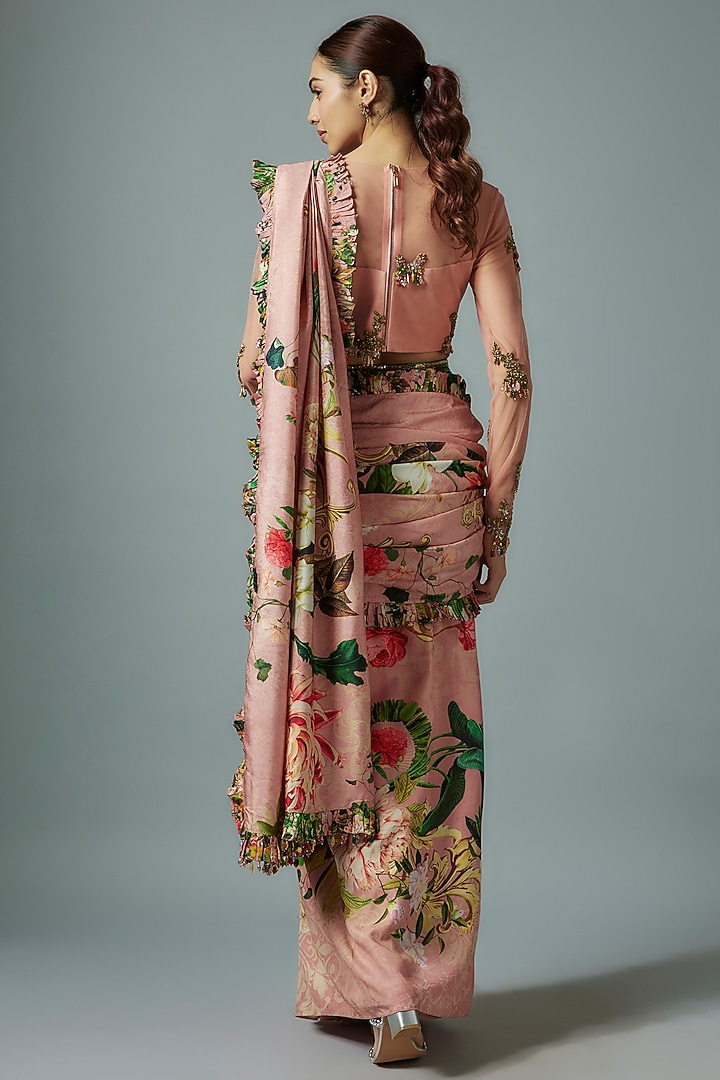 Pink Raw Silk & Net Botanical Printed Reception Saree Set by Rocky Star at Pernia's Pop Up Shop