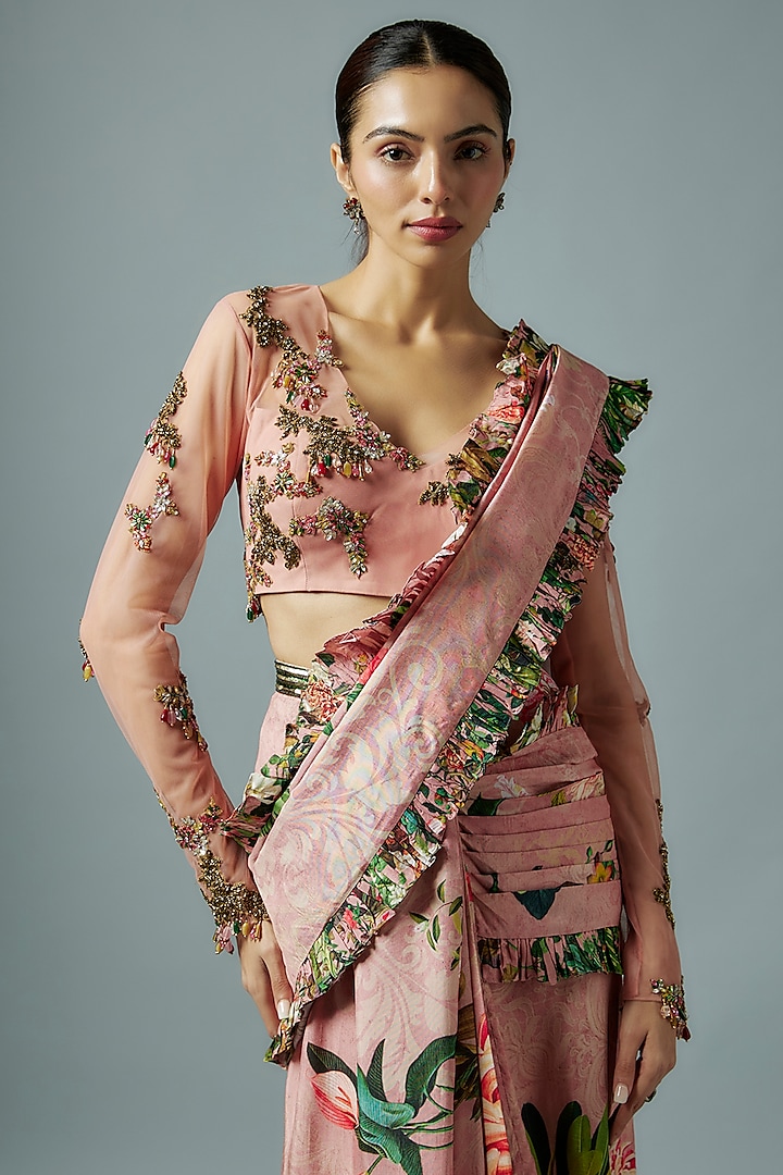 Pink Raw Silk & Net Botanical Printed Reception Saree Set by Rocky Star at Pernia's Pop Up Shop