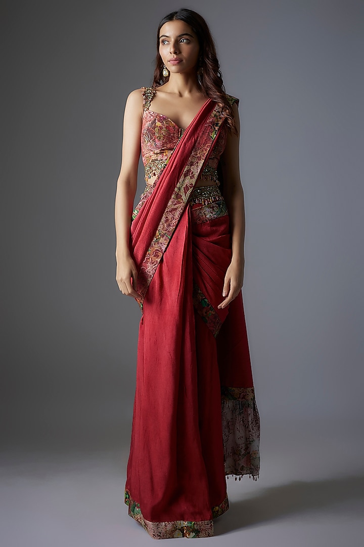 Maroon Raw Silk Patchwork & Botanical Printed Saree Set by Rocky Star at Pernia's Pop Up Shop