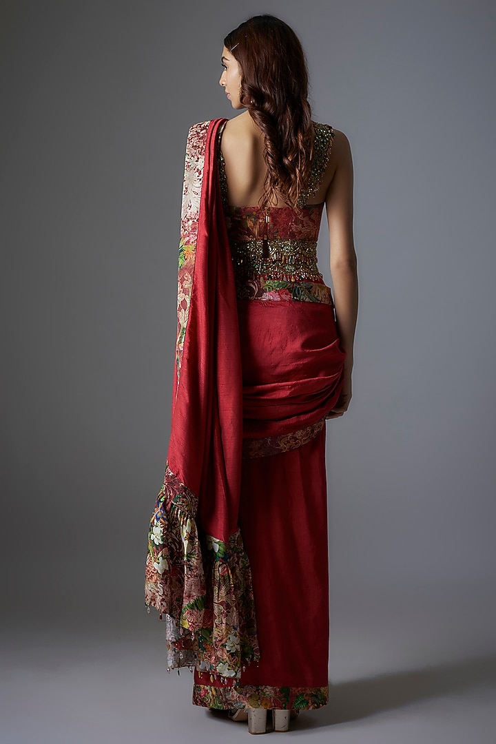 Maroon Raw Silk Patchwork & Botanical Printed Reception Saree Set by Rocky Star at Pernia's Pop Up Shop