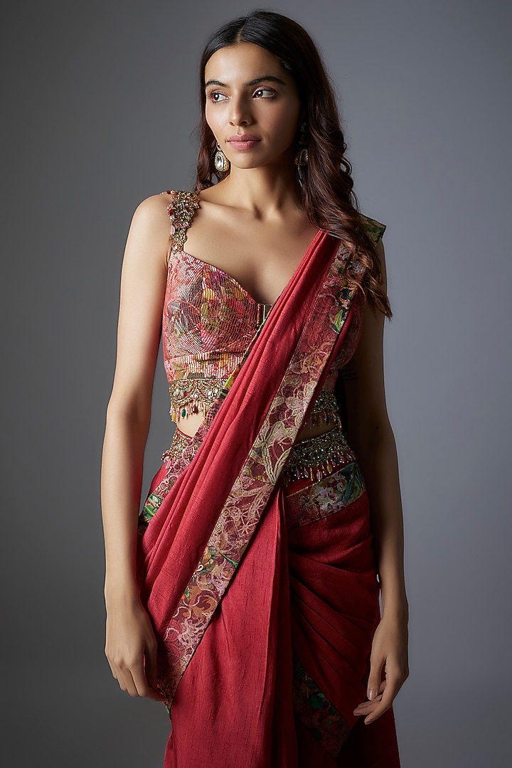 Maroon Raw Silk Patchwork & Botanical Printed Reception Saree Set by Rocky Star at Pernia's Pop Up Shop