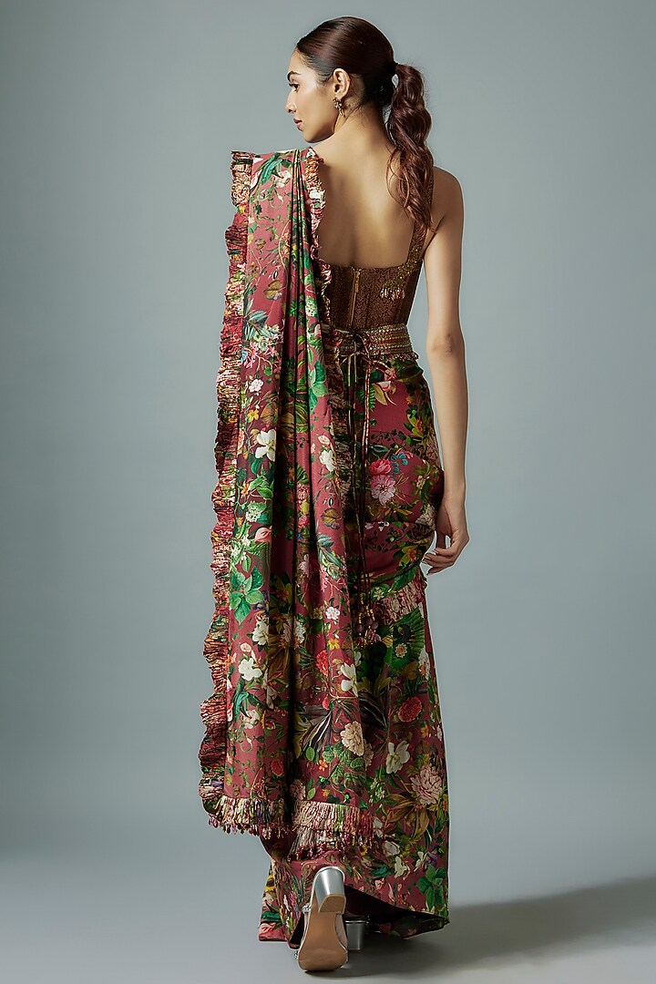 Maroon Raw Silk & Brocade Botanical Printed Reception Saree Set by Rocky Star at Pernia's Pop Up Shop