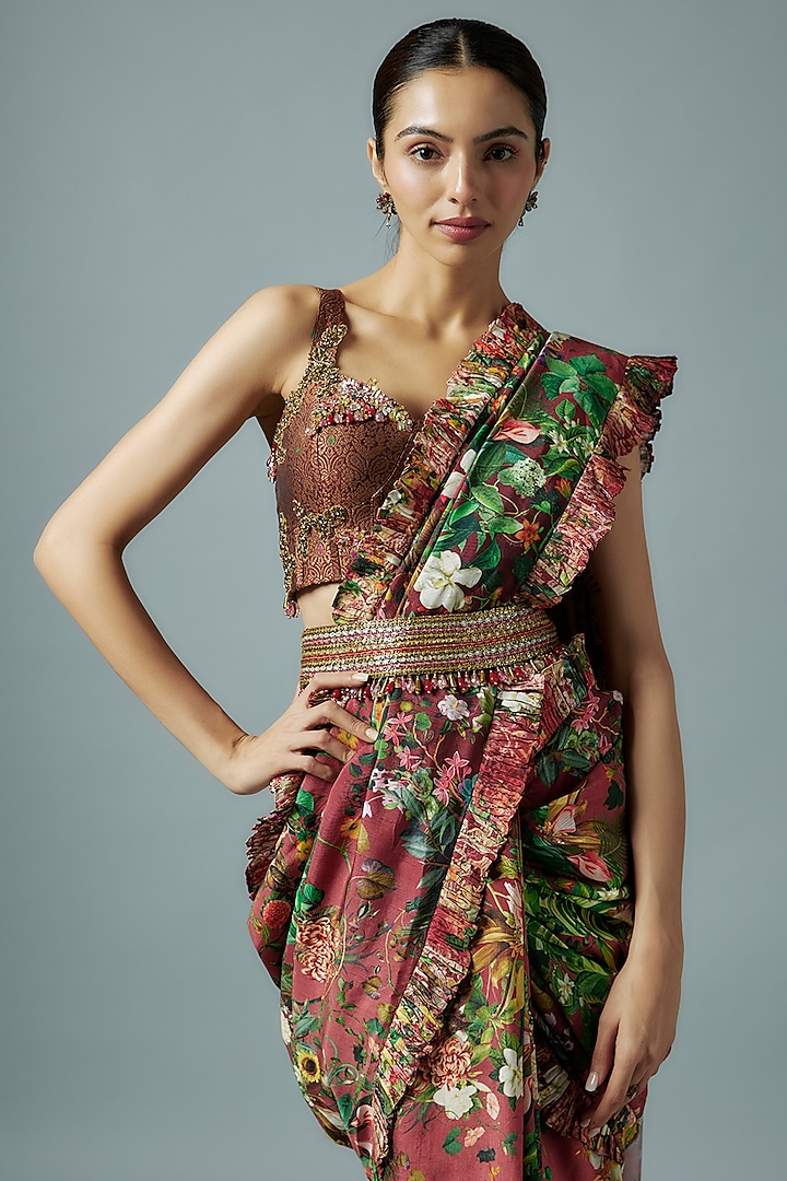 Maroon Raw Silk & Brocade Botanical Printed Reception Saree Set by Rocky Star at Pernia's Pop Up Shop