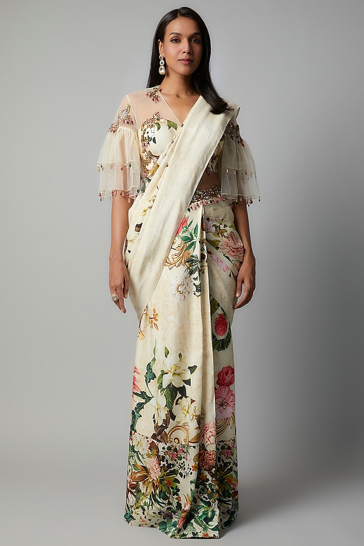 Ivory Raw Silk Botanical Printed Saree Set by Rocky Star